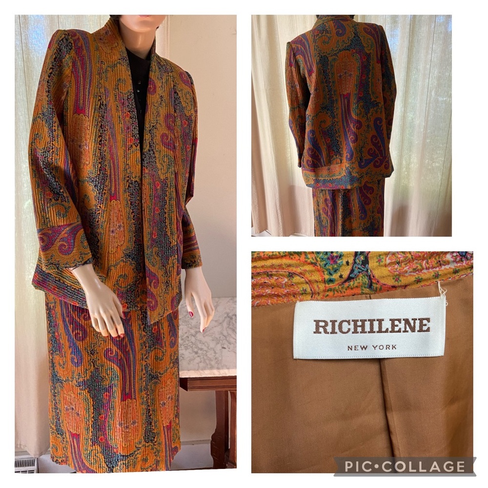 Vtg Richilene Designer Paisley Skirt Suit Medium
